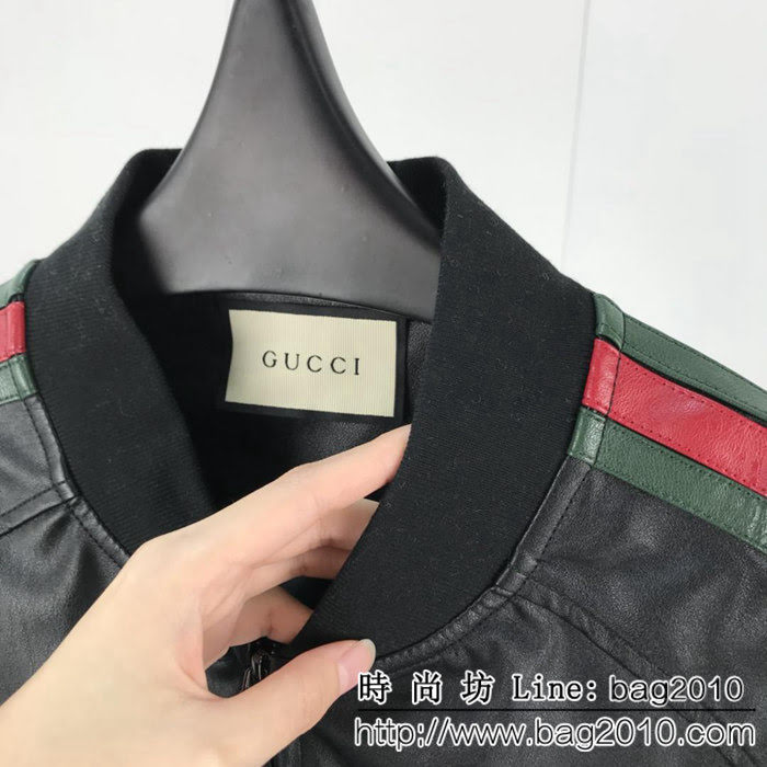 GUCCI古馳 19早春新款 手臂拼色拼接條紋徽章 男款皮衣夾克 ydi1530